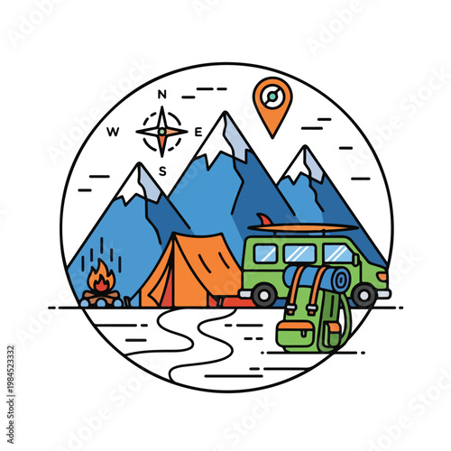 Camping Scene in Mountain Campground with Tent Camper Van and Backpack