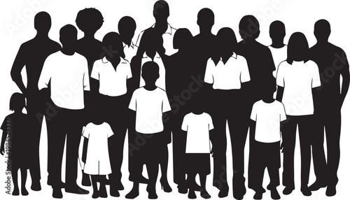 Black silhouettes of diverse family members standing together isolated on white background