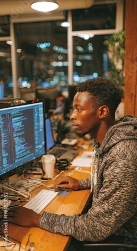 A young African American man works on a computer with code on the screen in an office.