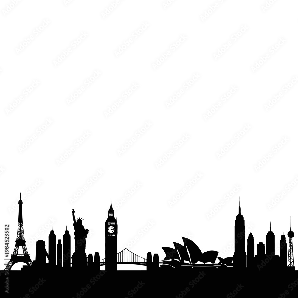 Fototapeta premium World City Skyline Silhouette Featuring Famous Landmarks.