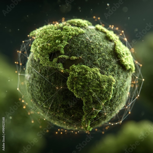 Nature's sphere: a globe wrapped in lush grass for a greener future. Data connectivity. Lush grass and wildflower details: the earth on white canvas. Futuristic system. Neural connections.