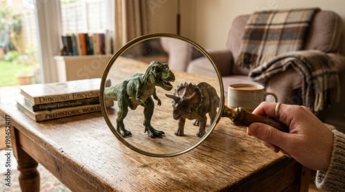 Child examining toy dinosaurs through a magnifying glass on a wooden table.