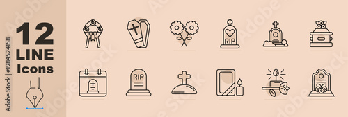Funeral memorial set icon. Line icons with wreath ribbon, coffin, flowers bouquet, gravestone rip, tomb, urn, calendar memorial, grave marker, cross mound, photo frame candle, candle flower