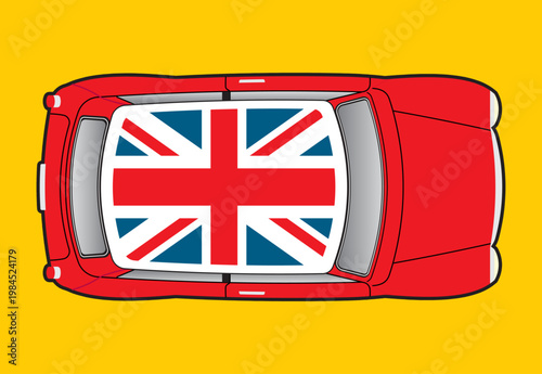 Red car with a UK flag on the roof