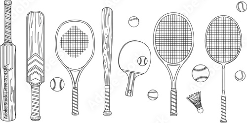 Hand-Drawn Sports Equipment Set with Cricket Bat, Tennis Racket, Ping Pong Paddle, and Shuttlecock for Active Lifestyle and Recreation Themes