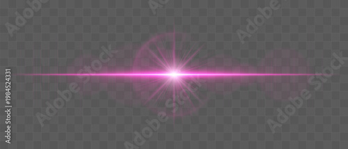 Abstract glowing energy burst with radiant light waves and horizontal beam, lens flare effect with soft diffusion and subtle particles on transparent background