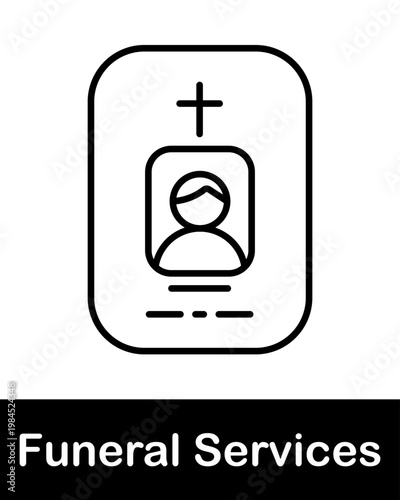 Funeral headstone with portrait line icon representing memorial plaque, remembrance of deceased person and cemetery tribute in minimal outline vector style