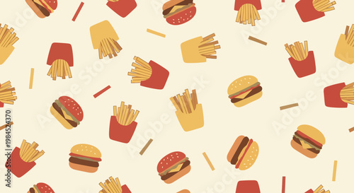 Seamless Pattern of Fast Food Delights Hamburgers and Fries in a Playful, Cartoonish Style
