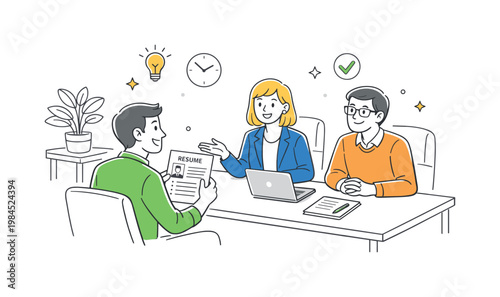 Job interview scenario in a professional office setting where a candidate presents qualifications to a recruiter, represented by a desk with two chairs and a resume