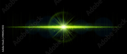 Abstract glowing energy burst with radiant light waves and horizontal beam, dynamic lens flare effect with sparkling particles and subtle motion on dark background