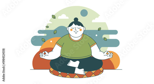 Illustration of a person meditating peacefully in a serene setting, surrounded by nature elements and soft colors, promoting mindfulness and relaxation