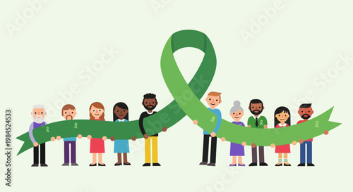 A diverse group of people holding a large green ribbon symbolizing awareness and support for various causes, such as mental health or environmental protection