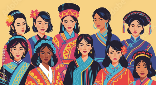 Diverse Asian Women in Traditional Clothing, Celebrating Cultural Heritage and Beauty