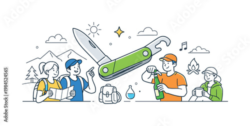 Preparedness and outdoor utility in a lifestyle or travel setting where compact tools support various needs during activities, illustrated by a multitool combined with