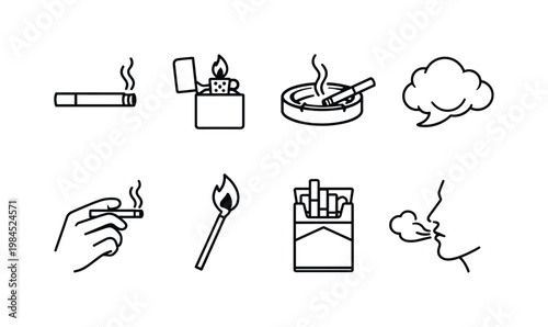 Smoking habits: cigarette, lighter, ashtray, smoke cloud, hand holding cigarette, matchstick, pack of cigarettes, exhale smoke.
