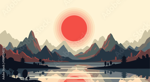 Serene Sunrise Over Majestic Mountain Range Reflecting in Calm Lake with Traditional Asian Pagodas