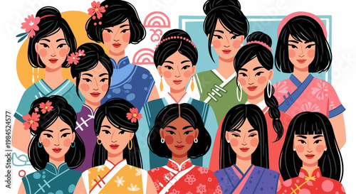 Diverse Group of Asian Women in Traditional Attire Celebrating Cultural Heritage and Unity