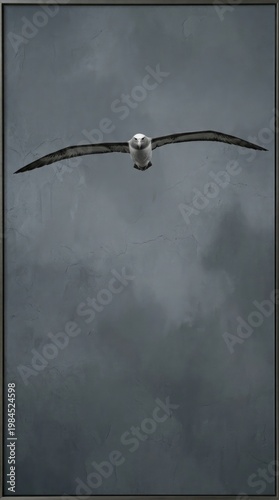 Seagull flying toward camera against dramatic stormy cloudy sky.