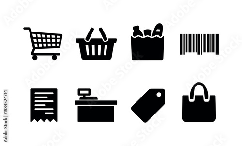 Grocery shopping essentials: shopping cart, grocery basket, paper bag, barcode, receipt, checkout counter, price tag, reusable bag.