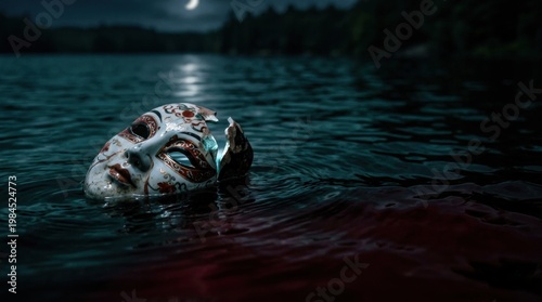 Eerie ornate mask floating in blood-tinted lake at night.