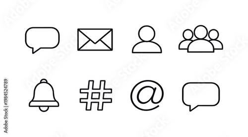 Social media communication: chat bubble, message envelope, user profile, group users, notification bell, hashtag symbol, mention at sign, comment bubble.