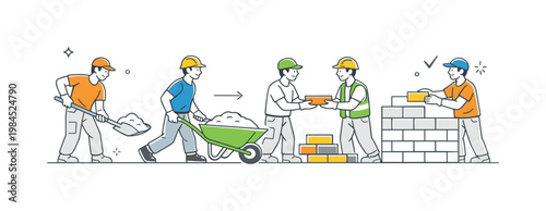 Manual labor daily routine scenario showing workers engaged in consistent hands on activities and maintaining workflow in a structured setting, using a wheelbarrow and