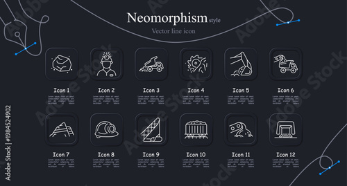 Mining industry set icon. Ore rock, worker helmet, dump truck, drilling machine, excavator bucket, mining vehicle, mountain quarry, safety helmet, conveyor loader, coal wagon