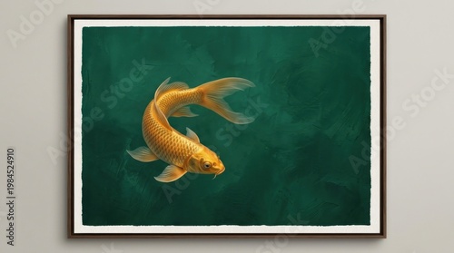 Framed painting of a golden koi fish on teal background.