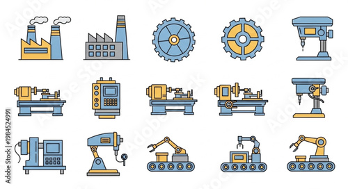 Industrial machinery and factory icons set.