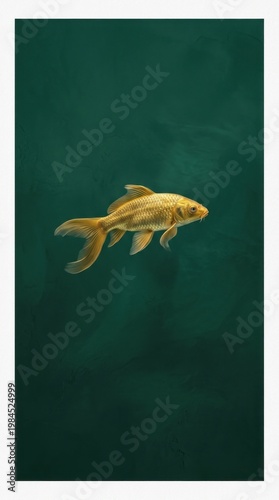 Solitary golden koi swimming in deep teal water.