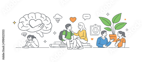Mental health awareness around student stress and emotional well-being in a supportive environment, depicted by a simple brain icon and a calming plant as the main