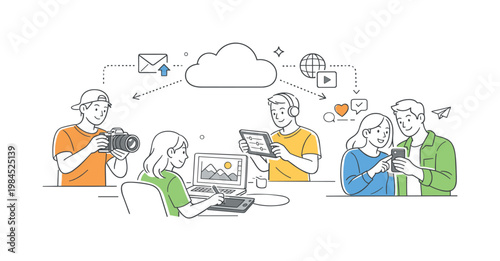 Photography digital content creation scenario showing individuals editing and sharing images across devices in a connected workflow, using a camera and a cloud symbol as