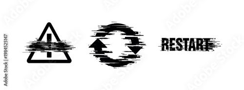 Digital abrupt failure and forced reboot theme, a set of 3 glitch-distorted monochrome objects placed on a perfectly clean white background, each object exhibiting its