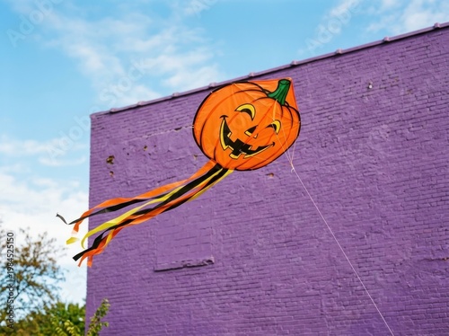 Jack-o'-lantern pumpkin kite flying beside a purple urban wall on a breezy day.