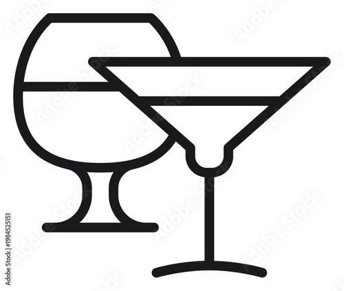 Minimalist black line art vector icon of a brandy snifter and a martini glass, perfect for bar menus, cocktail lounge branding, and nightlife graphic design projects on a white background.