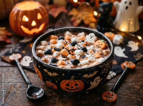 Halloween themed bowl of chocolate and marshmallow treats on rustic table with carved pumpkin.
