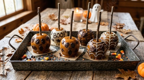 Assorted Halloween caramel and chocolate coated apples on a rustic wooden table.