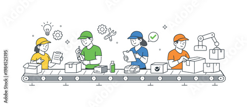 Workers operating in a manufacturing environment to assemble products efficiently through a structured production workflow, illustrated through a clear metaphor of a
