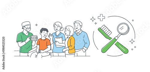 A dental care environment where professionals perform routine procedures and educate patients on oral hygiene, illustrated by a small group gathered near a simple