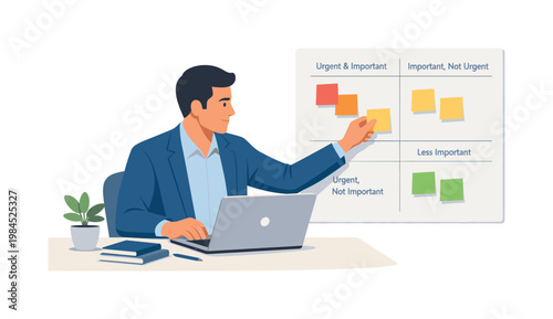 A professional managing task prioritization during a focused work session, sitting at a desk with a laptop while arranging a simple priority matrix panel with clear