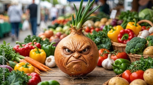 Carved angry onion surrounded by fresh vegetables at a market stall.