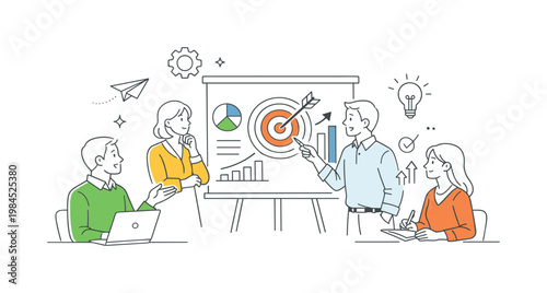 Business analytics strategic planning scenario showing colleagues interpreting data results and aligning decisions for future actions, with a presentation board and a