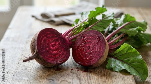 Fresh sliced beetroot on rustic wooden cutting board with leafy greens.