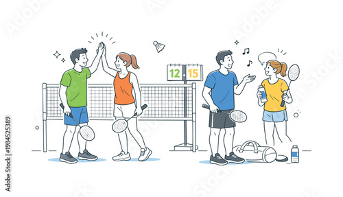 Badminton recreational scenario showing friends enjoying a casual game and social interaction together, with a net and a single score indicator as the visual metaphor for