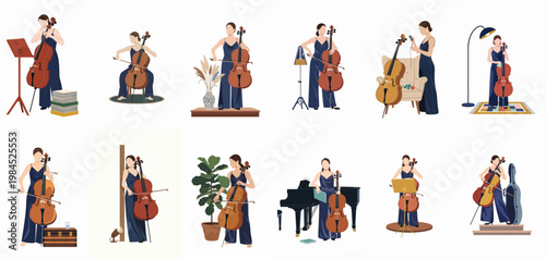 A collection of flat vector illustrations featuring a female cellist practicing, performing, and caring for her instrument in various elegant poses and minimalist settings.