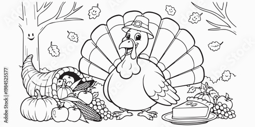 Thanksgiving coloring page with turkey in pilgrim hat, cornucopia, pie, smiling tree, and autumn leaves, perfect for children’s activities, seasonal art, and holiday projects