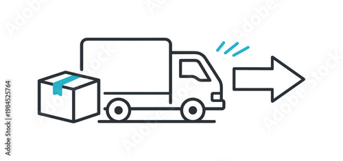 Relocation and organized moving process in residential or business contexts, a simple delivery truck with a box placed beside it and a directional arrow indicating