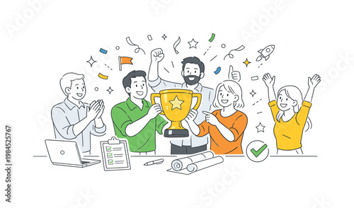 Celebration workplace success concept illustrating a team recognizing accomplishments and completing a project milestone together, using a trophy and confetti elements as