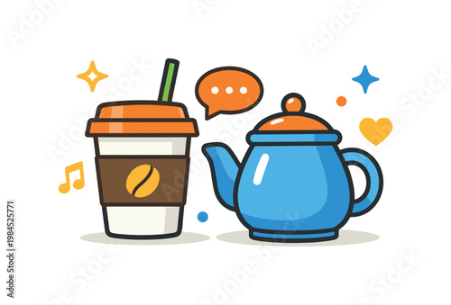 Cafe culture and social relaxation shown as a modern leisure scenario, a takeaway coffee cup combined with a teapot representing shared moments and beverage variety,