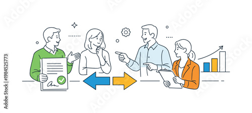 Strategic discussion and decision making in a corporate setting where individuals analyze options and finalize agreements through structured conversations, illustrated by